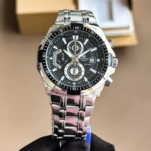 Casio Edifice Analog Black Dial Men Watch Silver Metal Strap