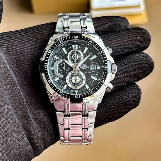 Casio Edifice Analog Black Dial Men Watch Silver Metal Strap
