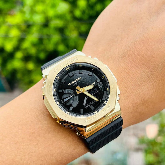 Men G1278 G-Shock G-Steel GM-2100G-1A9DR Gold Ip Analog-Digital Dial Black Resin Strap Watch
