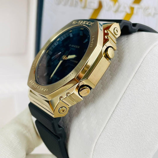 Men G1278 G-Shock G-Steel GM-2100G-1A9DR Gold Ip Analog-Digital Dial Black Resin Strap Watch