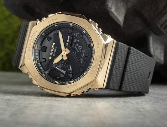 Men G1278 G-Shock G-Steel GM-2100G-1A9DR Gold Ip Analog-Digital Dial Black Resin Strap Watch