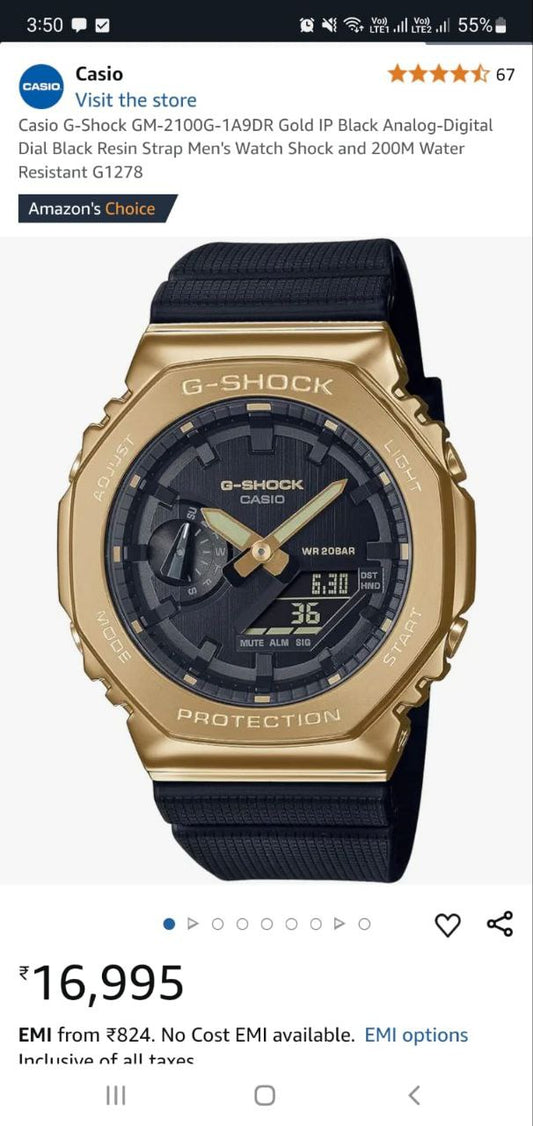 Men G1278 G-Shock G-Steel GM-2100G-1A9DR Gold Ip Analog-Digital Dial Black Resin Strap Watch